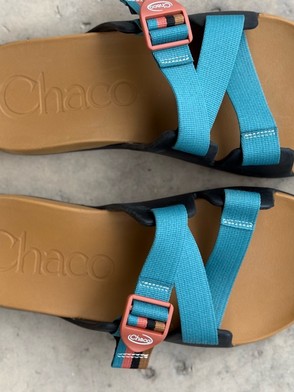 Chaco Chillos M 10/W 12 Teal Cross-Strap Slide Sandals Brown and Black Footbed - Picture 6 of 8